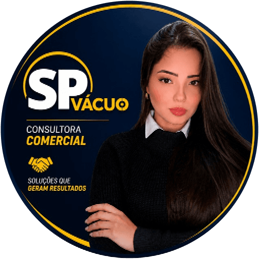 Retrato em medalhão circular, ao lado do logotipo da SP Vácuo